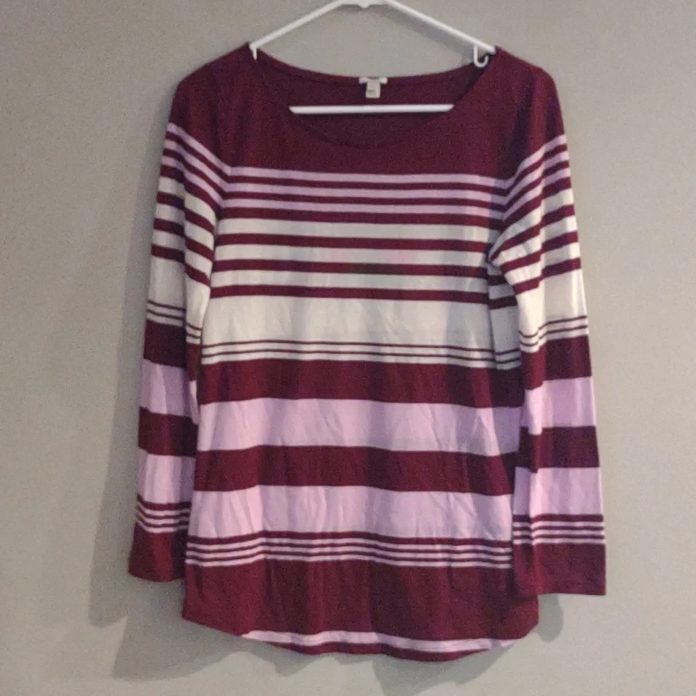 J‎ Crew women's medium maroon pink white stripe long sleeve T-shirt
